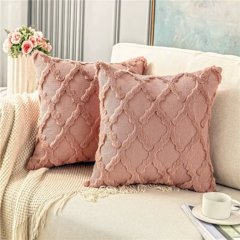 Decorative Farmhouse Velvet Pillow Covers - 30X50Cm 45X45Cm Soft Plush Square Boho Cushion Leather Pink Pillowcase for Couch