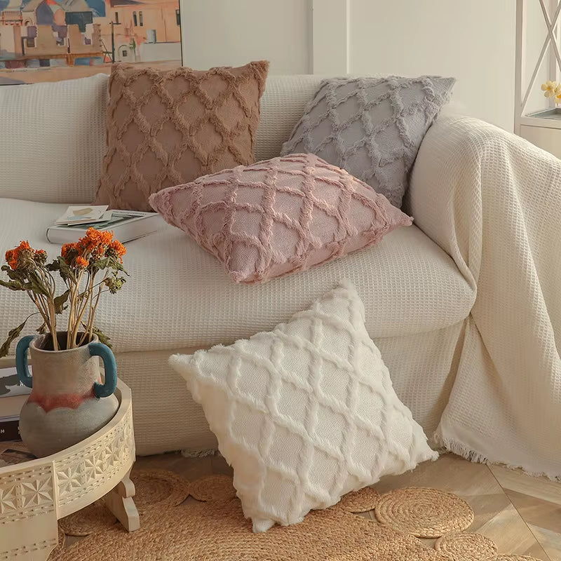 Decorative Farmhouse Velvet Pillow Covers - 30X50Cm 45X45Cm Soft Plush Square Boho Cushion Leather Pink Pillowcase for Couch