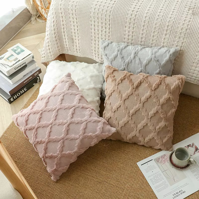Decorative Farmhouse Velvet Pillow Covers - 30X50Cm 45X45Cm Soft Plush Square Boho Cushion Leather Pink Pillowcase for Couch