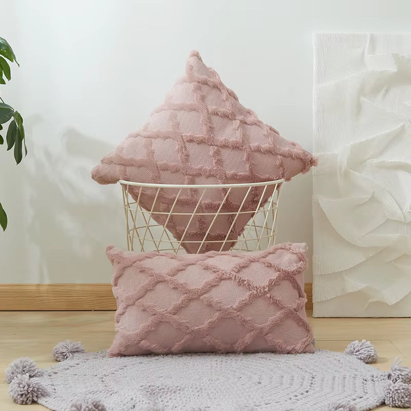 Decorative Farmhouse Velvet Pillow Covers - 30X50Cm 45X45Cm Soft Plush Square Boho Cushion Leather Pink Pillowcase for Couch