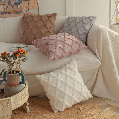 Decorative Farmhouse Velvet Pillow Covers - 30X50Cm 45X45Cm Soft Plush Square Boho Cushion Leather Pink Pillowcase for Couch