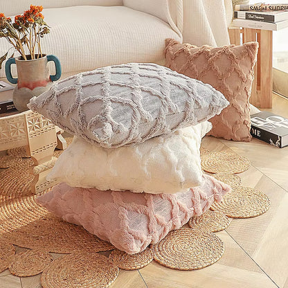 Decorative Farmhouse Velvet Pillow Covers - 30X50Cm 45X45Cm Soft Plush Square Boho Cushion Leather Pink Pillowcase for Couch